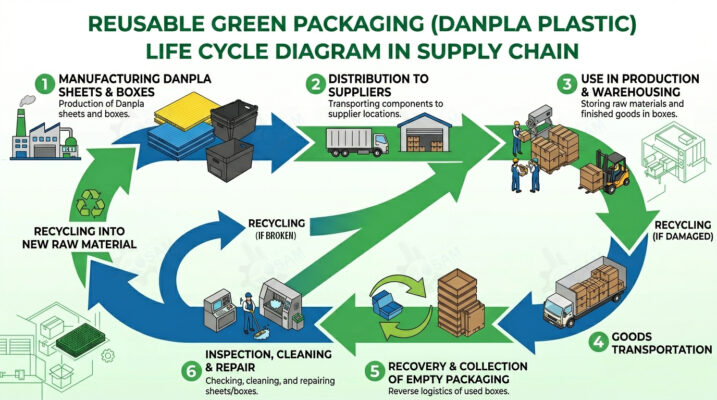 Lifecycle diagram of reusable green packaging in the supply chain.
