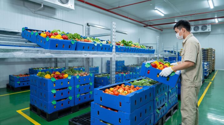Thùng Danpla đục lỗ thông gió đựng rau củ tươi trong kho lạnh